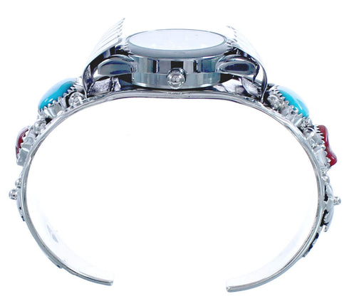 Navajo Flower Design Turquoise and Coral Sterling Silver Cuff Watch CB118258